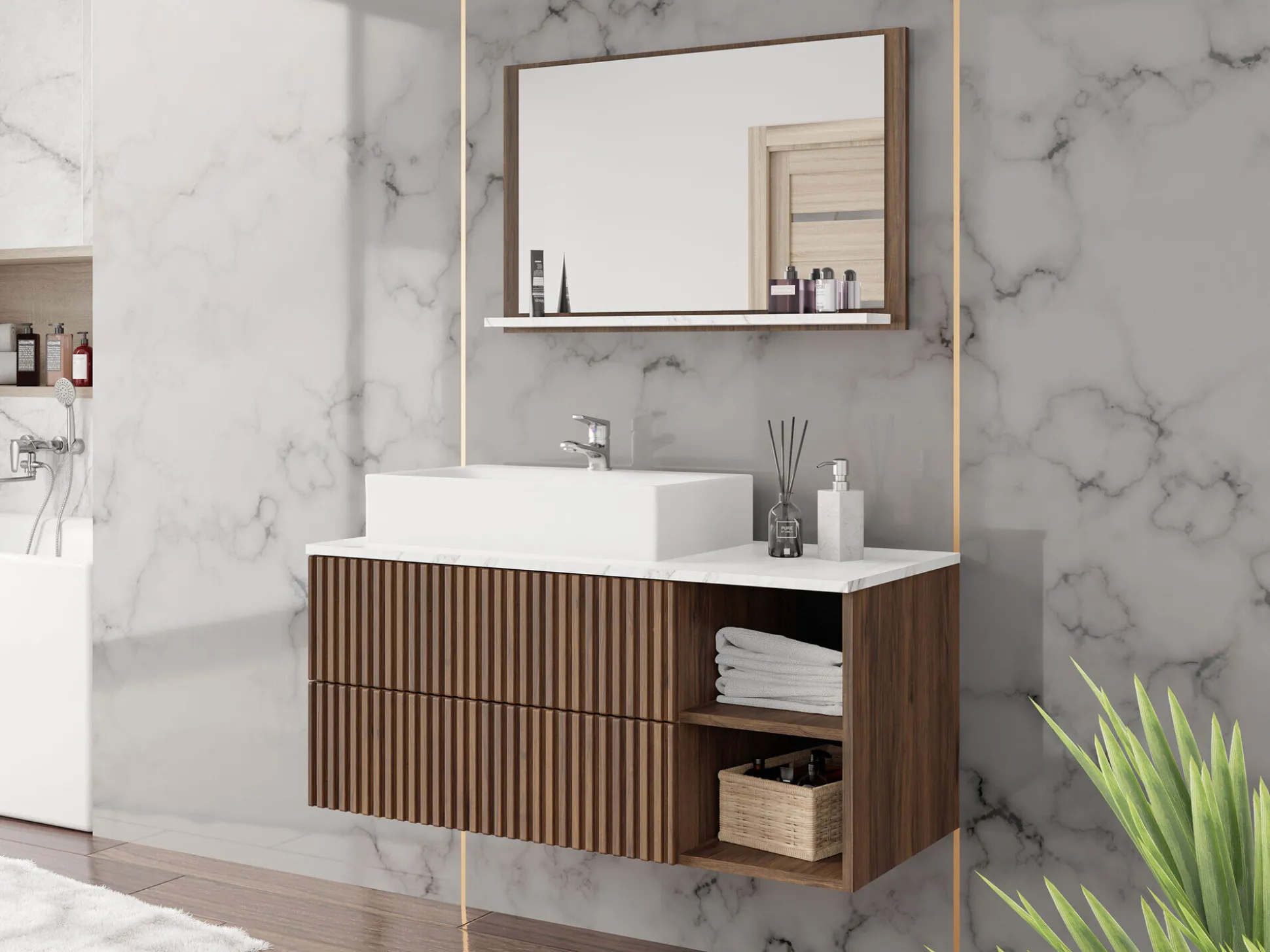 Badeværelsessæt Nauta (Valnød + Hvid marmor)