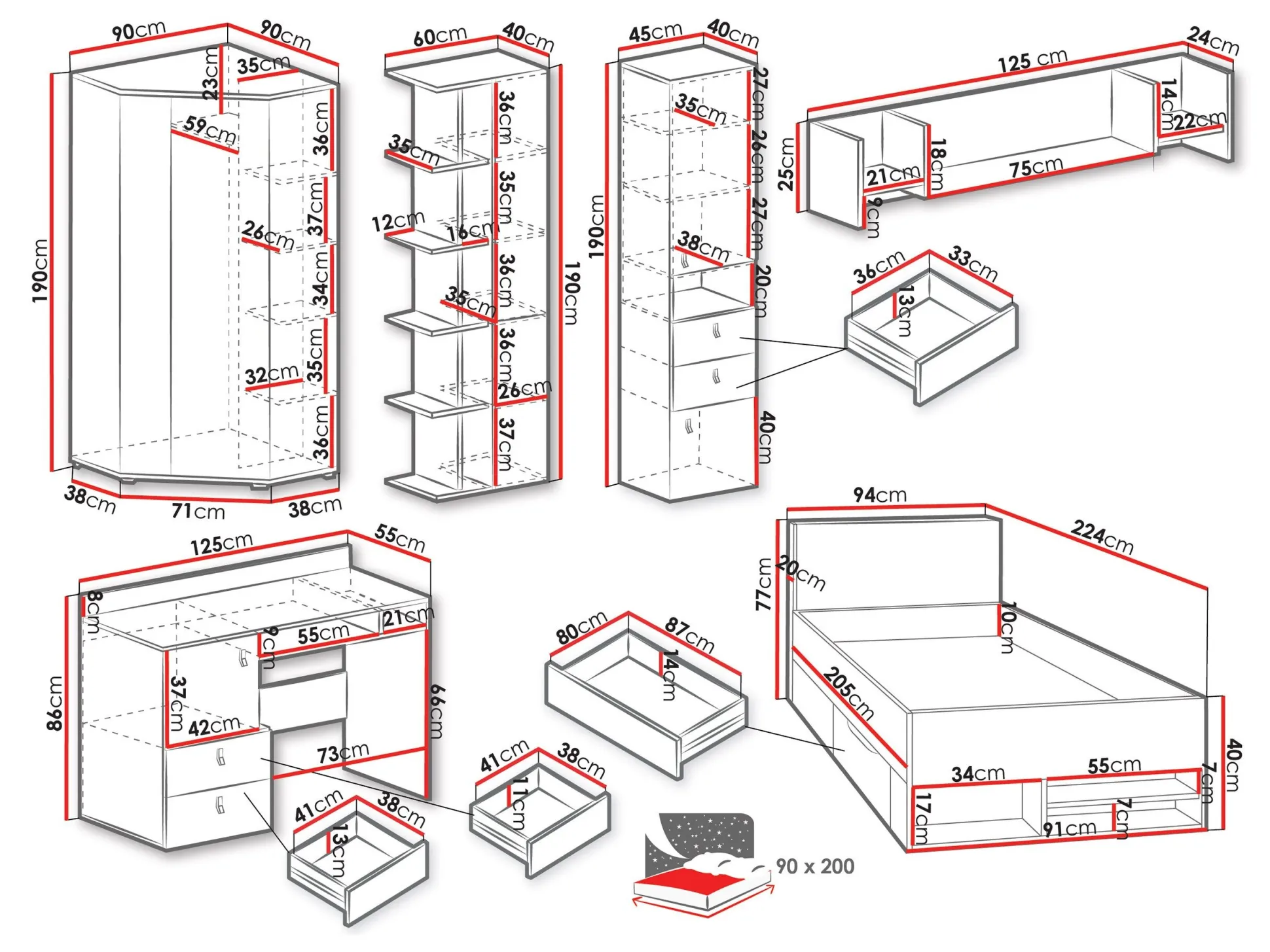 Børneværelsessæt Camteso 114 (Hvid + Egetræ + Turkis)