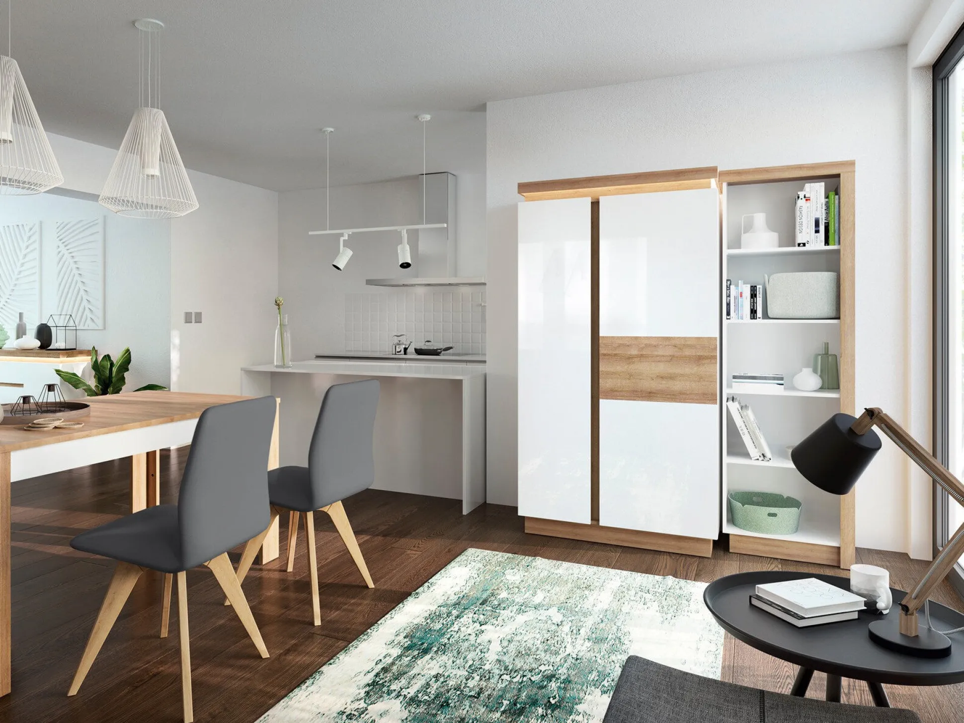 Garderobeskab Feldeli 106 (Riviera egetræ + Glansfuld hvid)