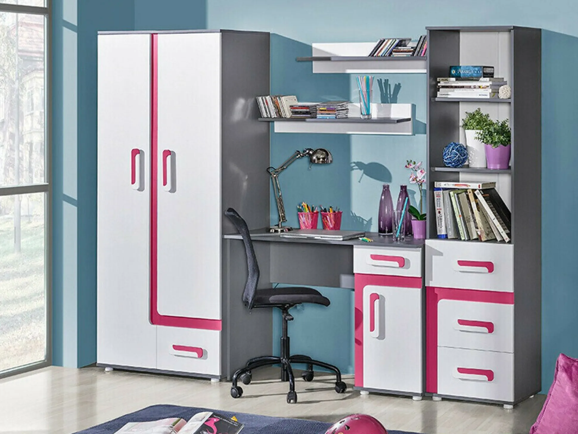 Garderobeskab Levtala 101 (Antracit + Hvid + Lyserød)