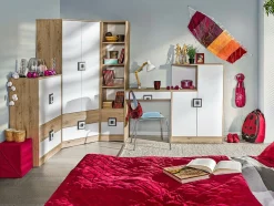 Hjørnegarderob Balvire 103 (Lys eg + Hvid + Lyserød)