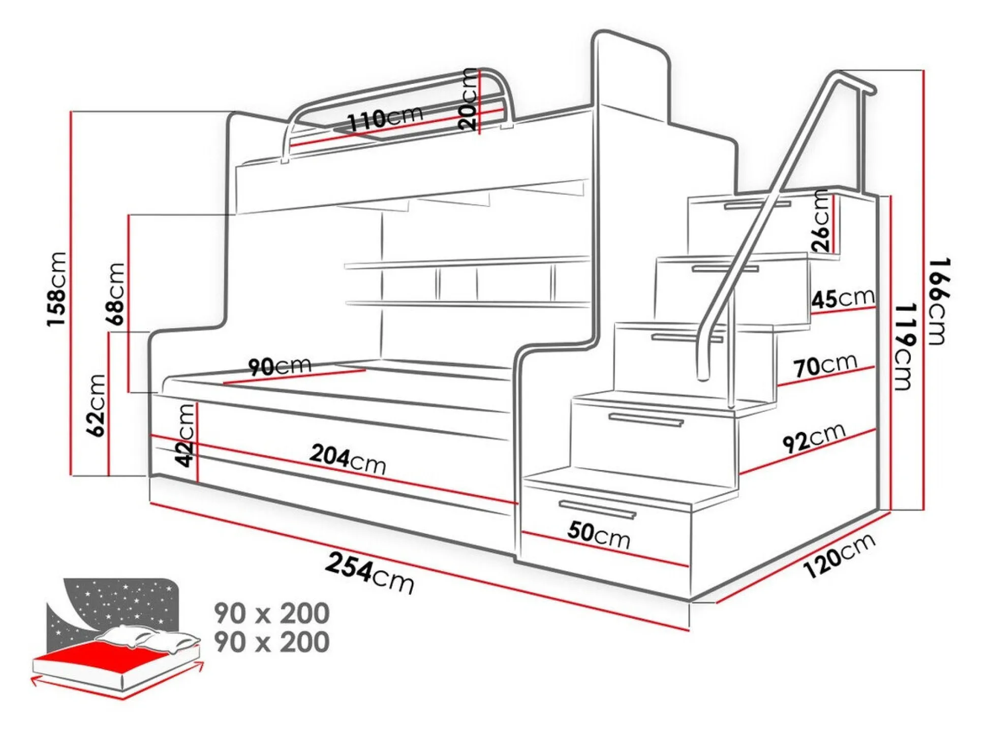 Køjeseng Campus (Hvid + Glansfuld hvid + Gloss grå)