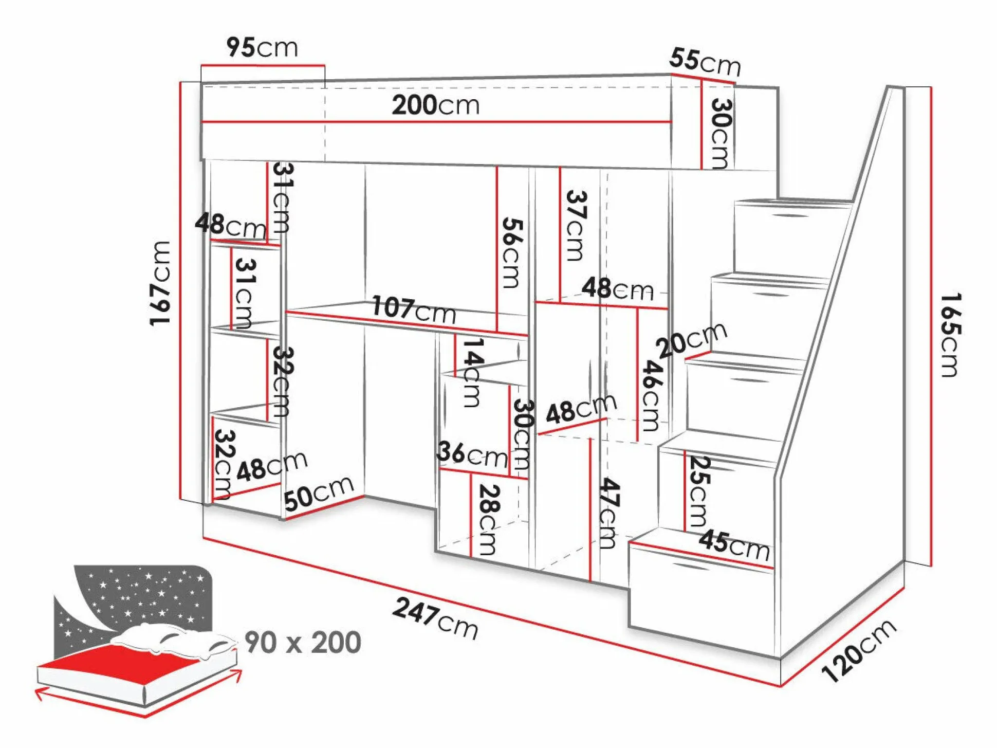 Køjeseng Hartford 365 (Beton + Sort)