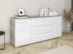 Kommode Sarasota 142 (Beton + Glansfuld hvid)