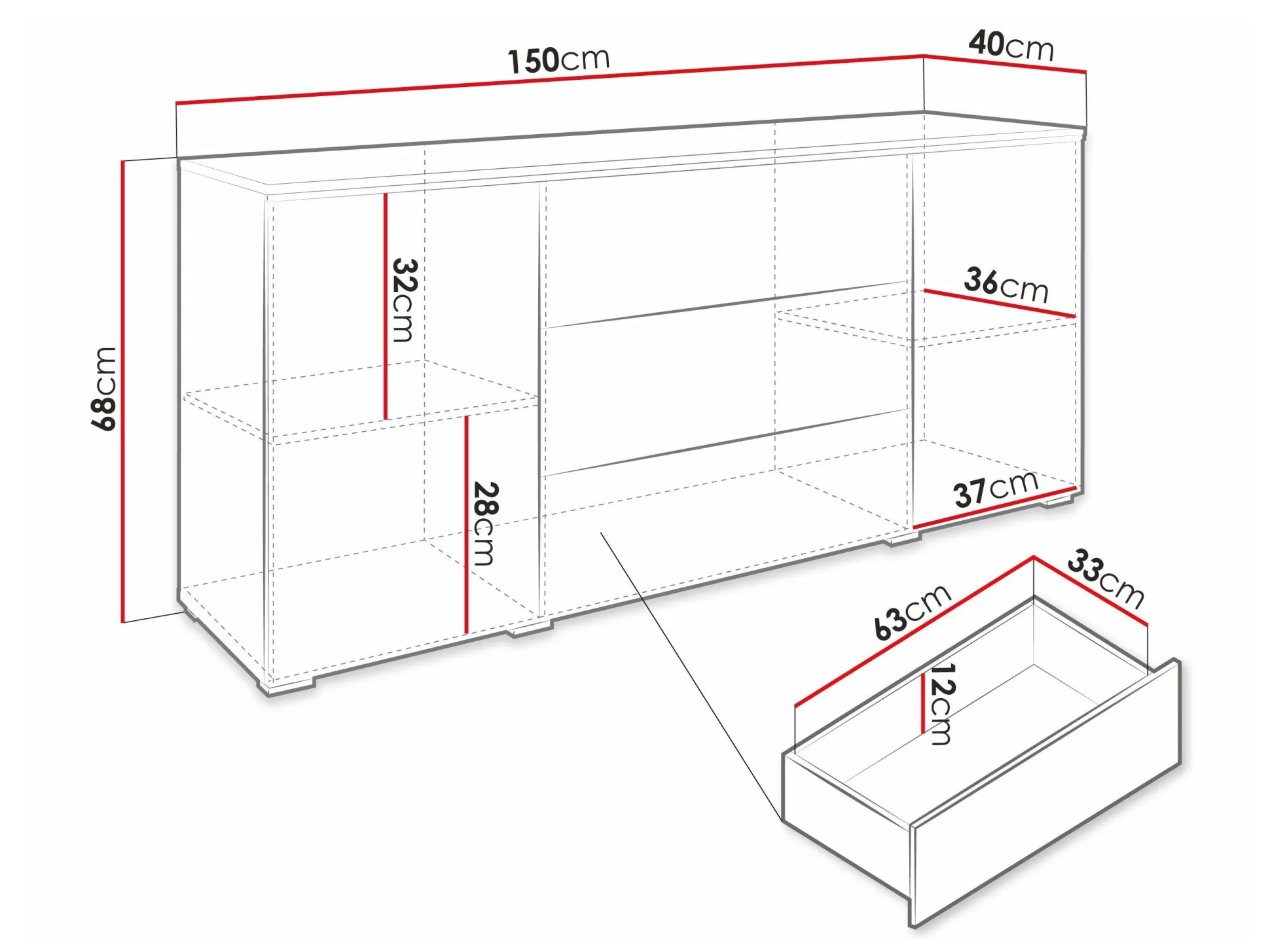 Kommode Sarasota 142 (Beton + Glansfuld hvid)