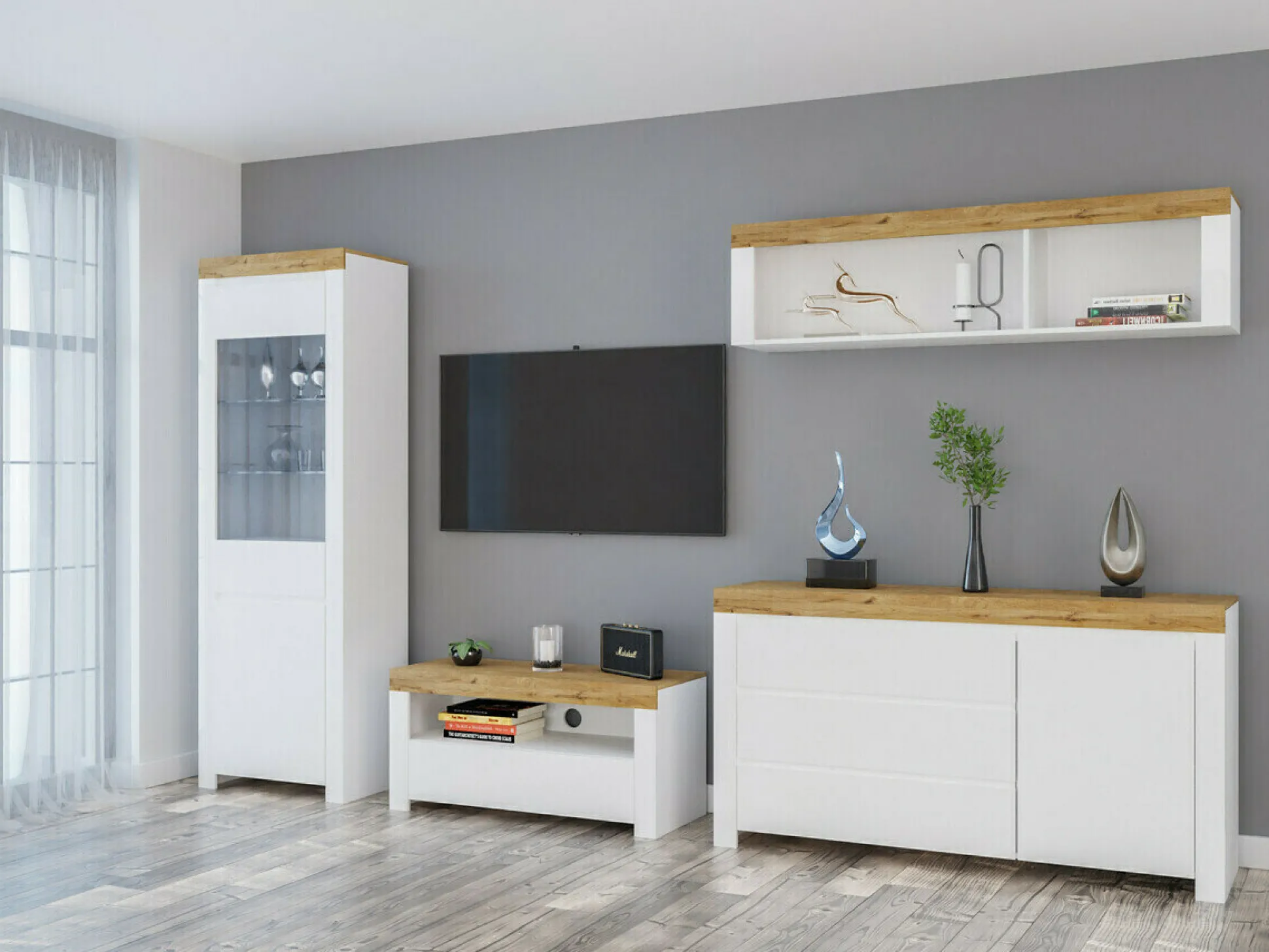 Kommode Sonsoru 100 (Hvid + Glansfuld hvid + Wotan eg)