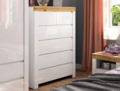 Kommode Sonsoru 114 (Hvid + Glansfuld hvid + Wotan eg)