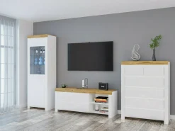 Kommode Sonsoru 114 (Hvid + Glansfuld hvid + Wotan eg)