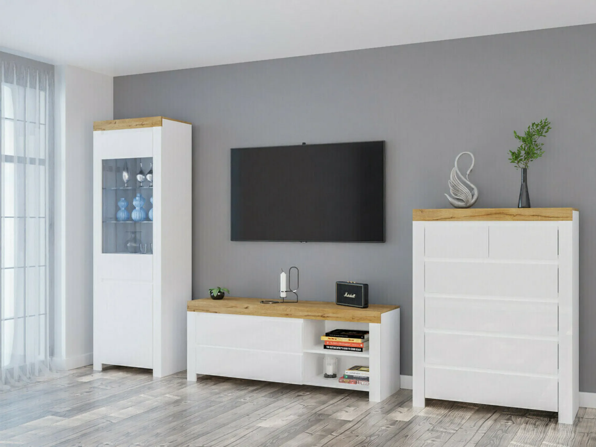 Kommode Sonsoru 114 (Hvid + Glansfuld hvid + Wotan eg)