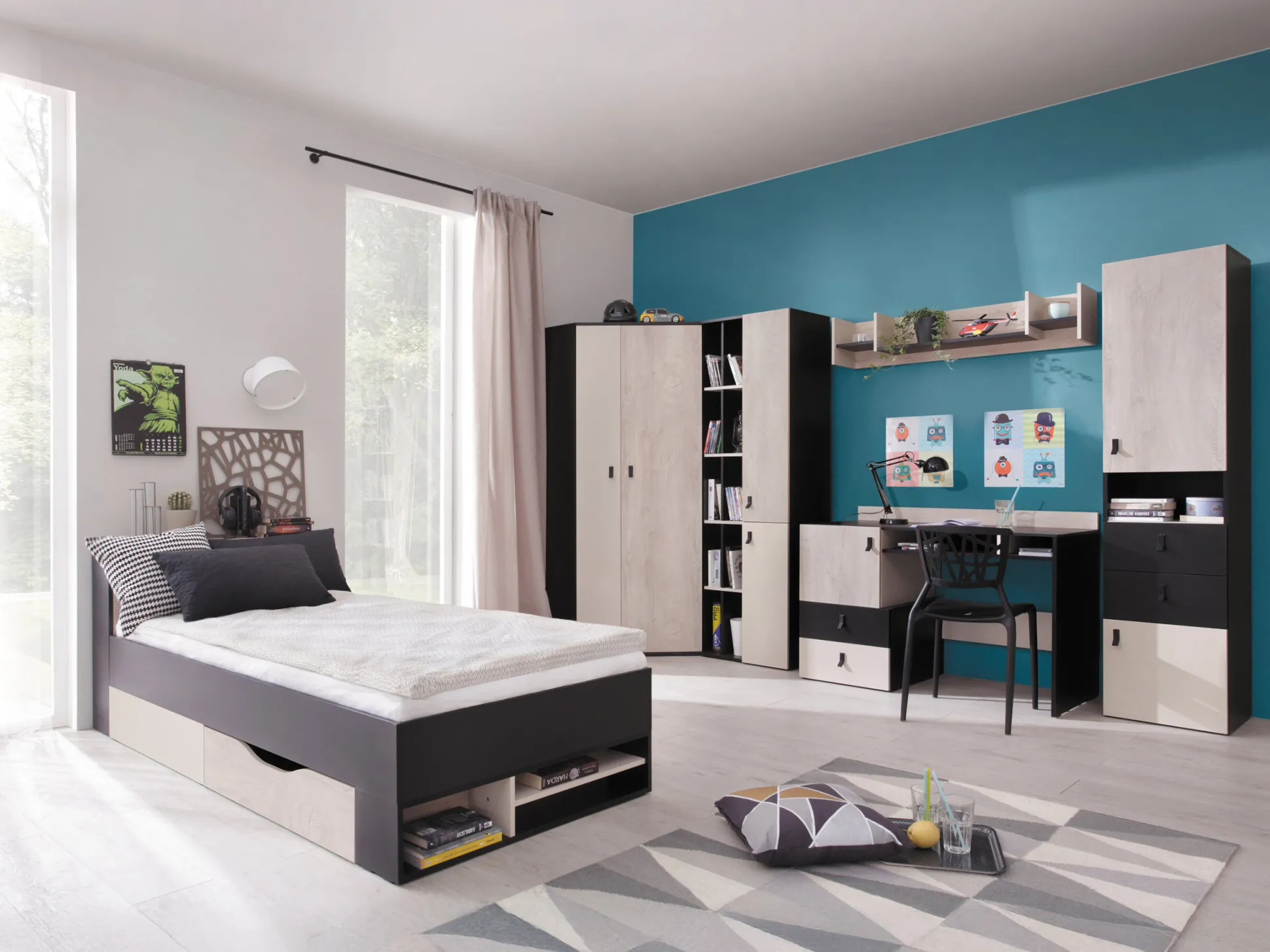 Reol Camteso 102 (Hvid + Egetræ + Turkis)