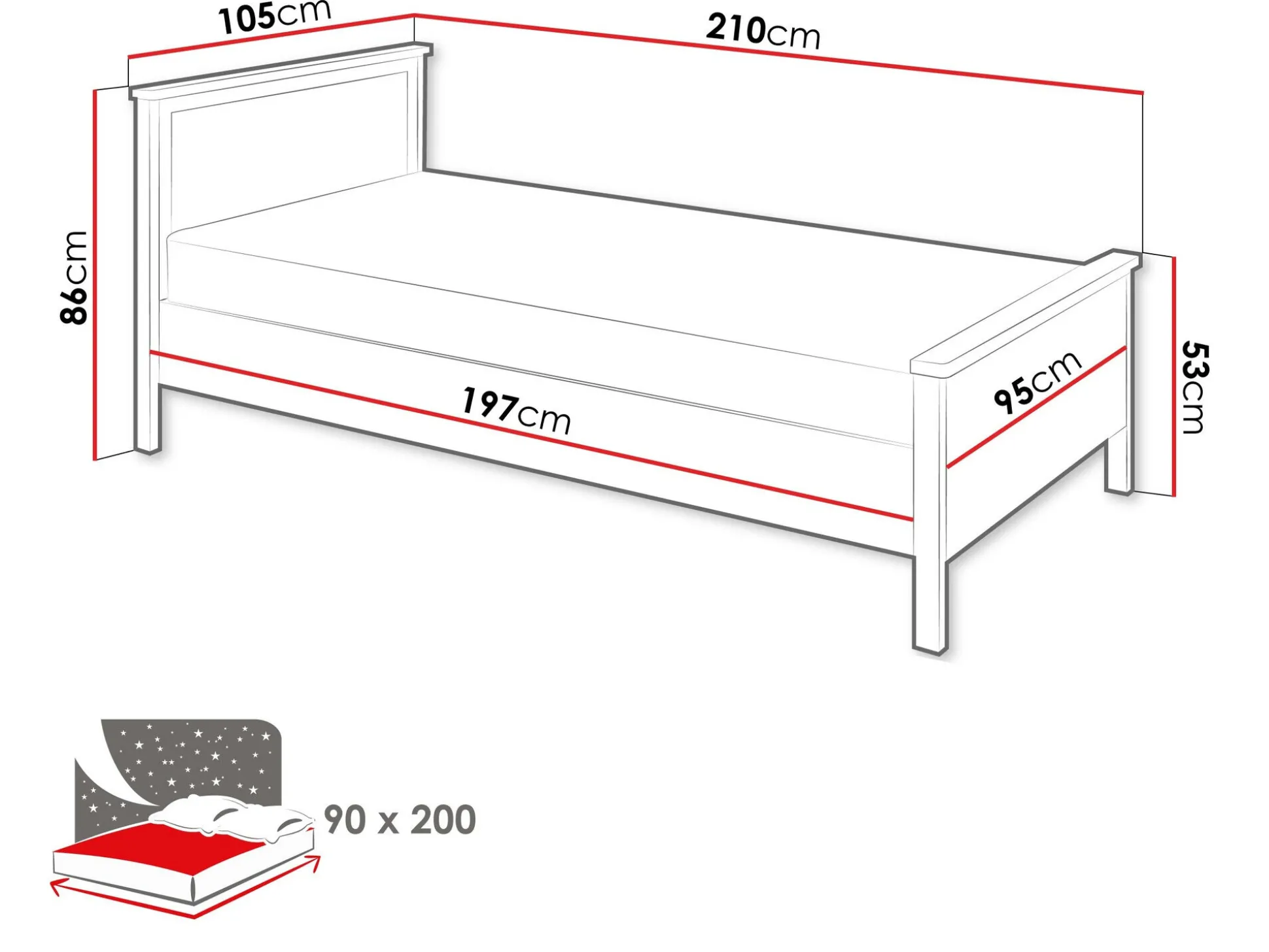 Seng Romelbo 148 (Hvid + Egetræ)