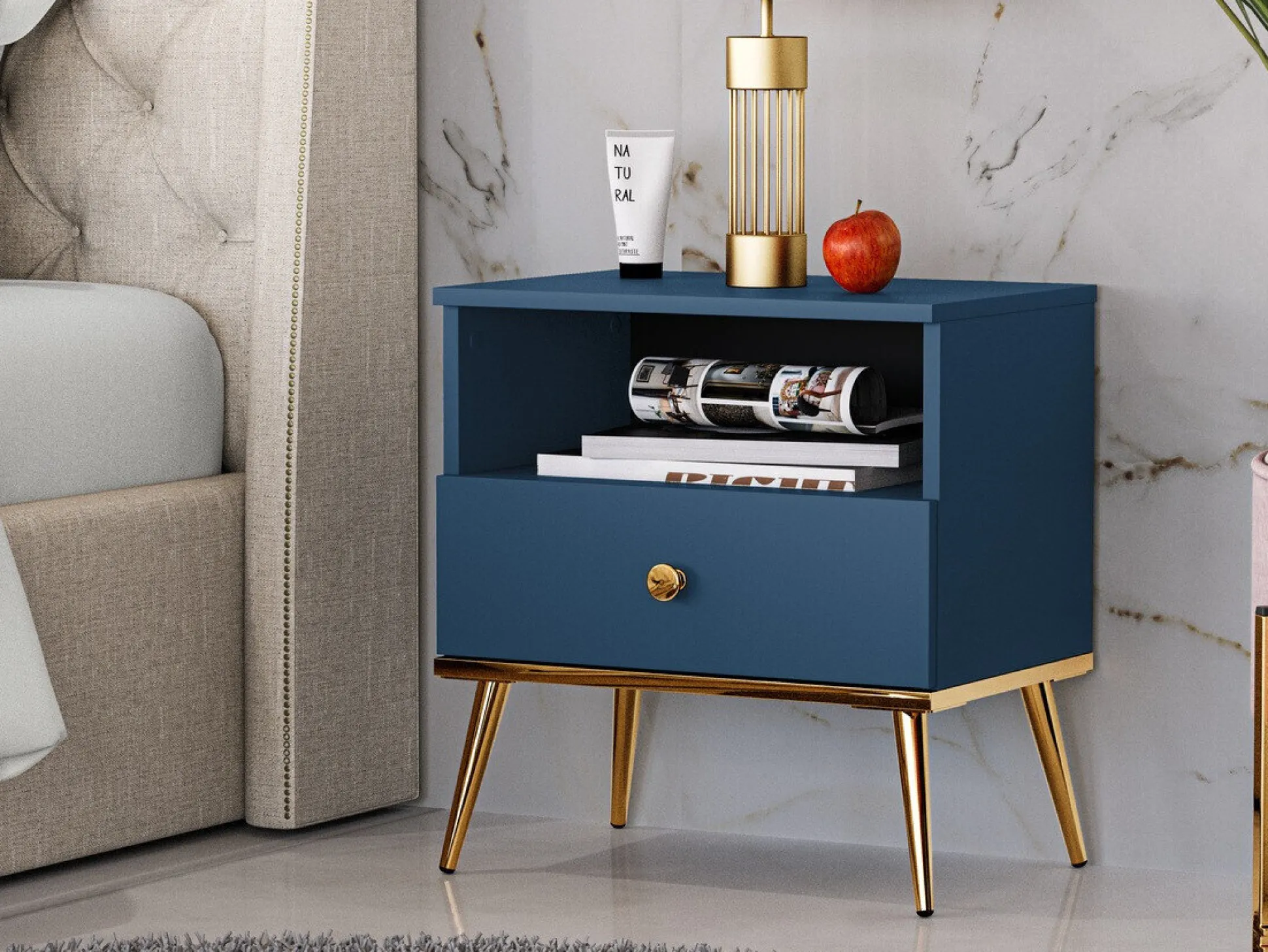 Sengebord Flonovu 105 (Mørkeblå + Gylden)