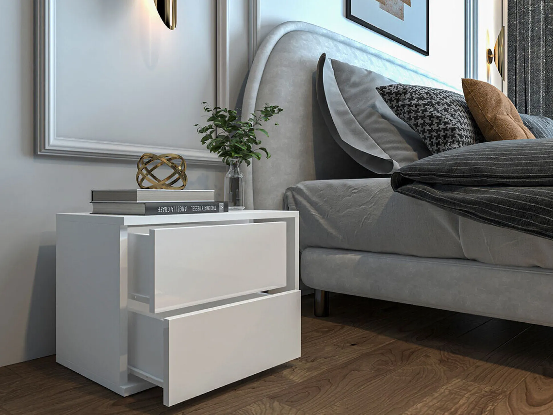 Sengebord Hederos (Hvid + Glansfuld hvid)