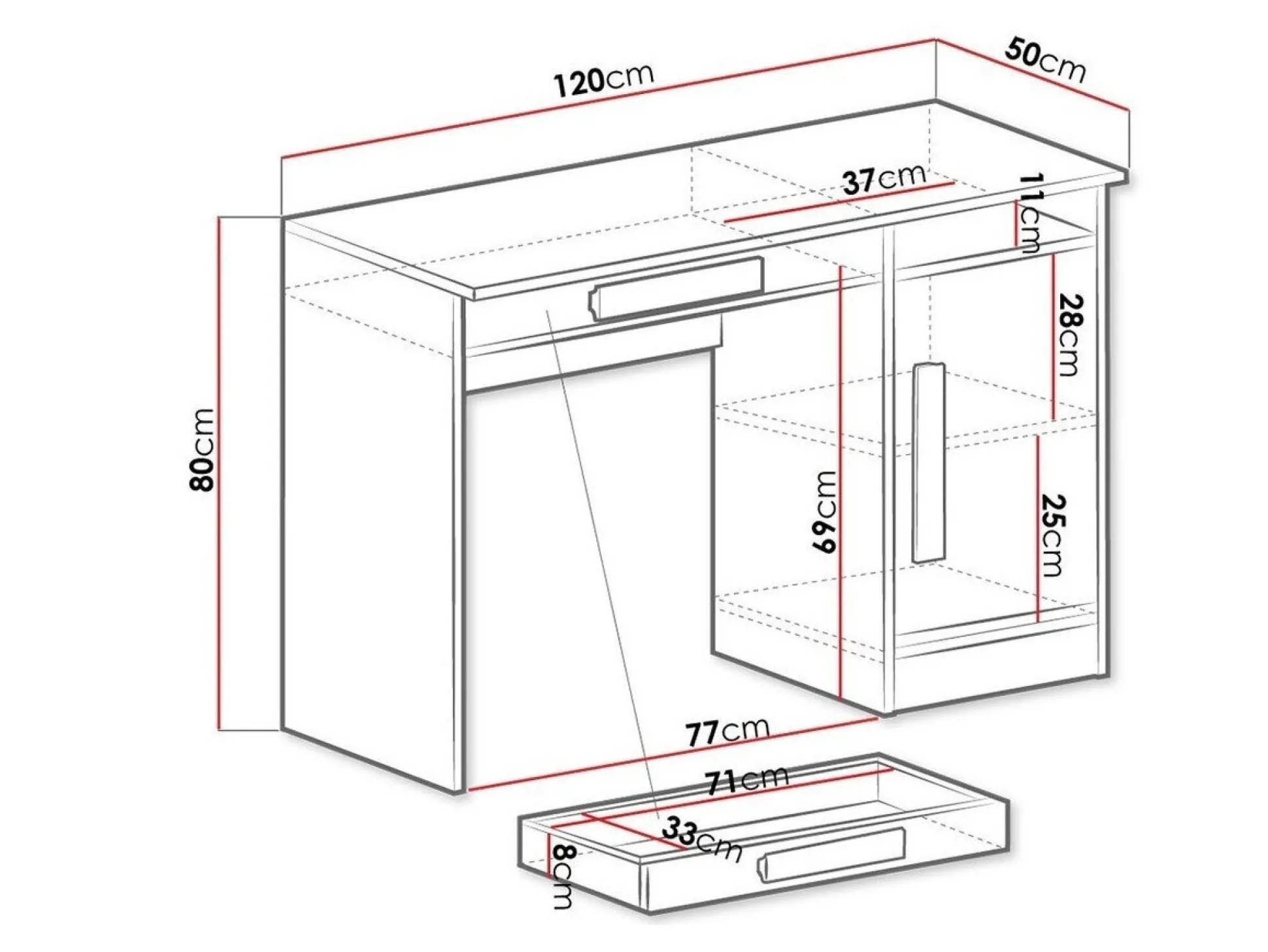 Skrivebord Merevari 100 (Hvid + Glansfuld hvid + Grå)
