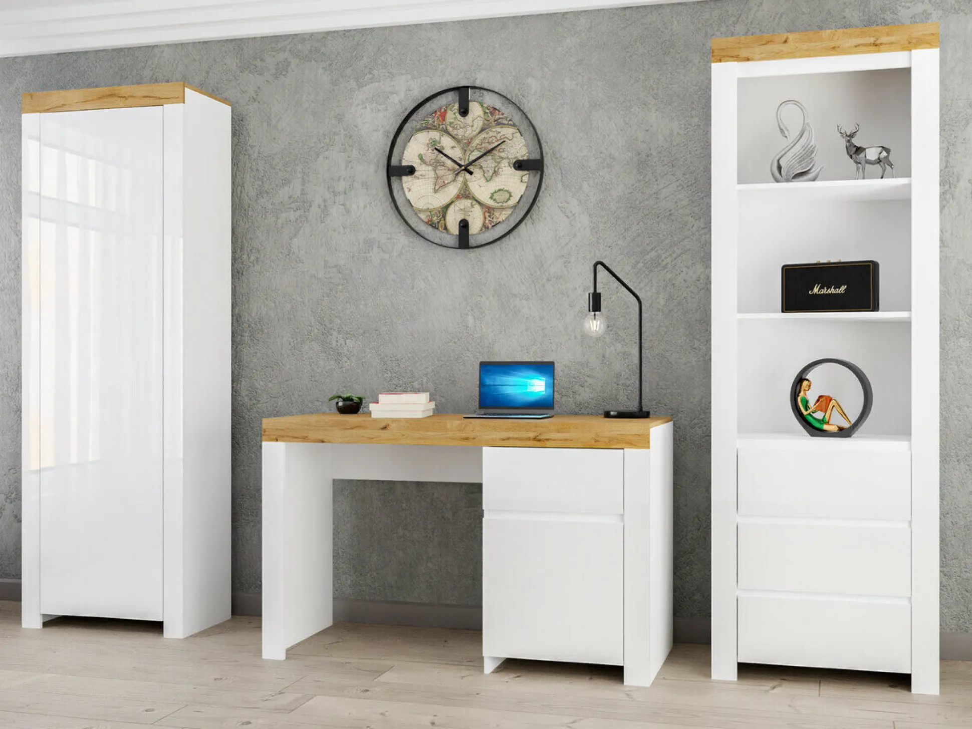 Skrivebord Sonsoru 130 (Hvid + Glansfuld hvid + Wotan eg)