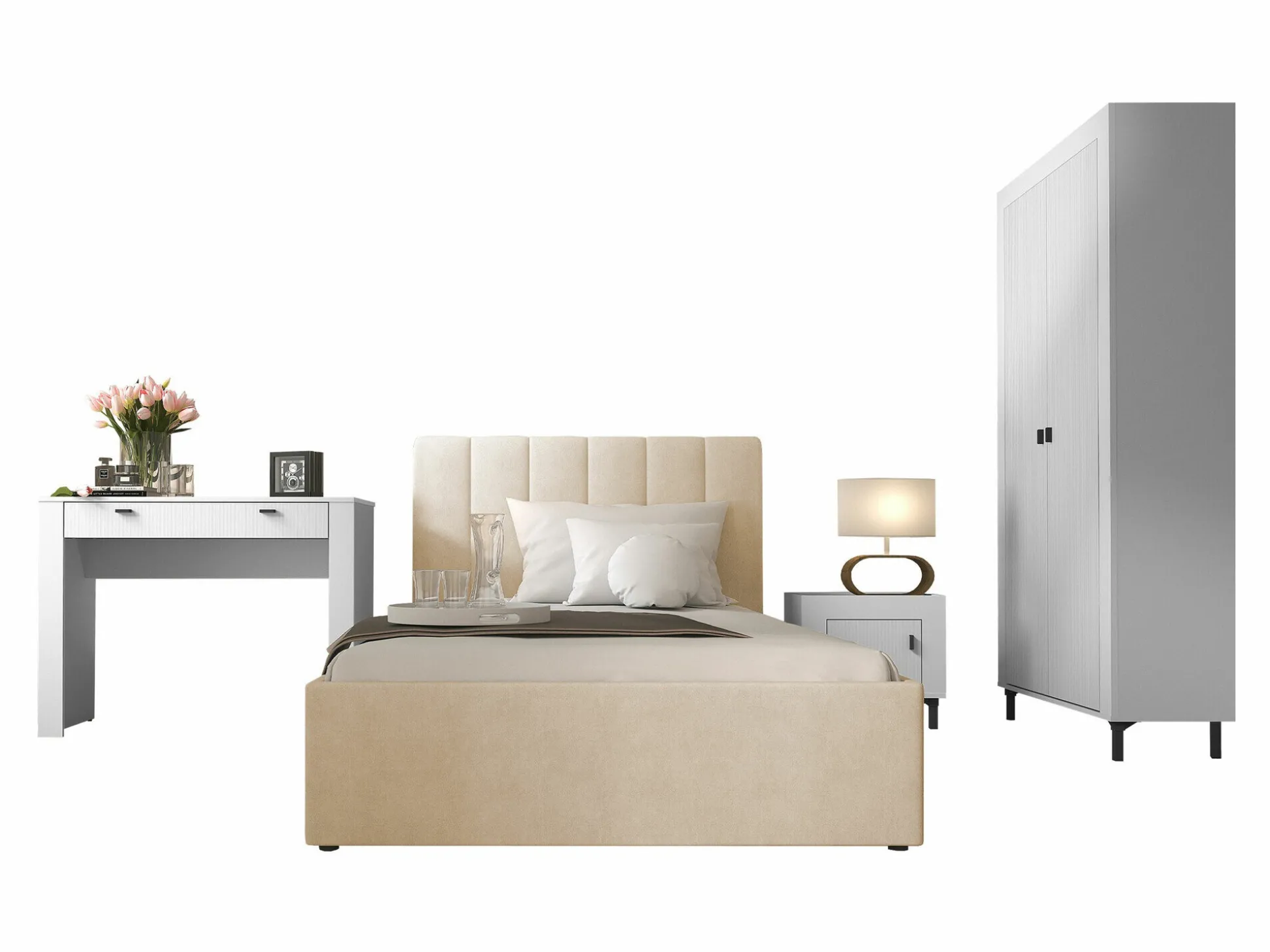 Soveværelsessæt Mormavu 112 (Mat hvid + Beige)