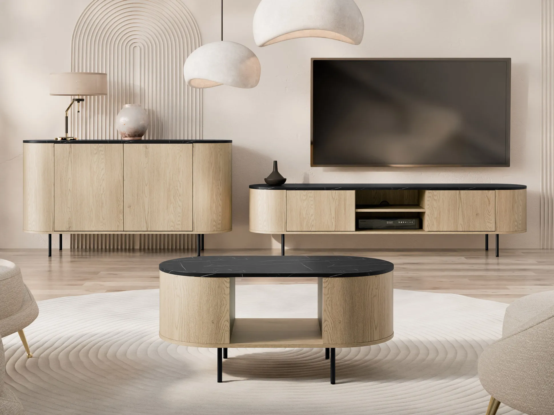 Stuemøbelsæt Comfivo Livtena (Sort marmor + Sort)