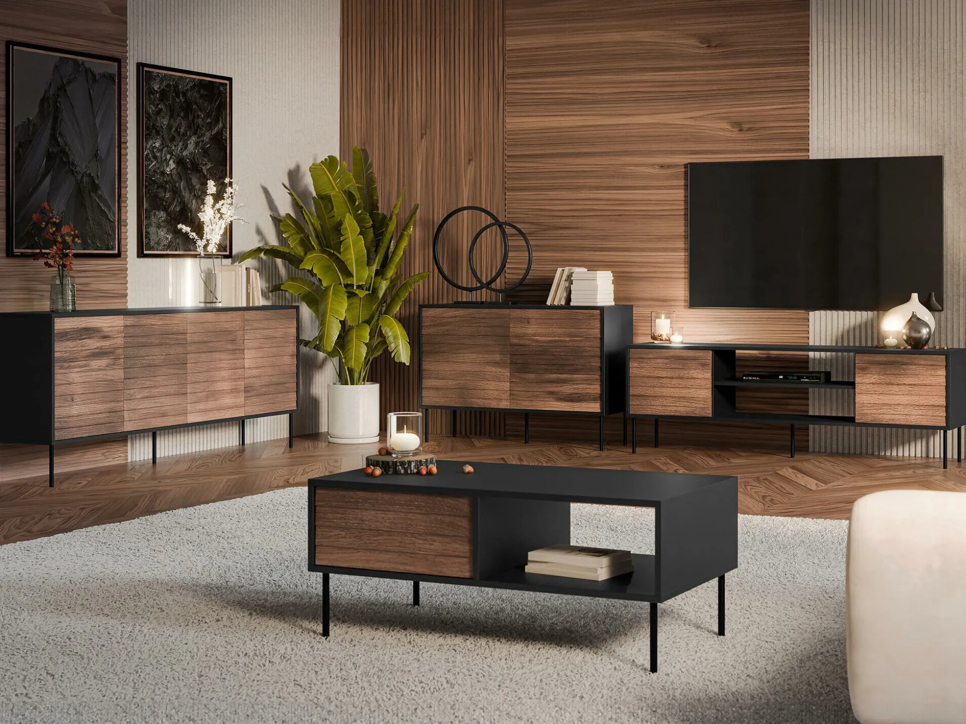 Stuemøbelsæt Flosoru 110 (Valnød + Sort)