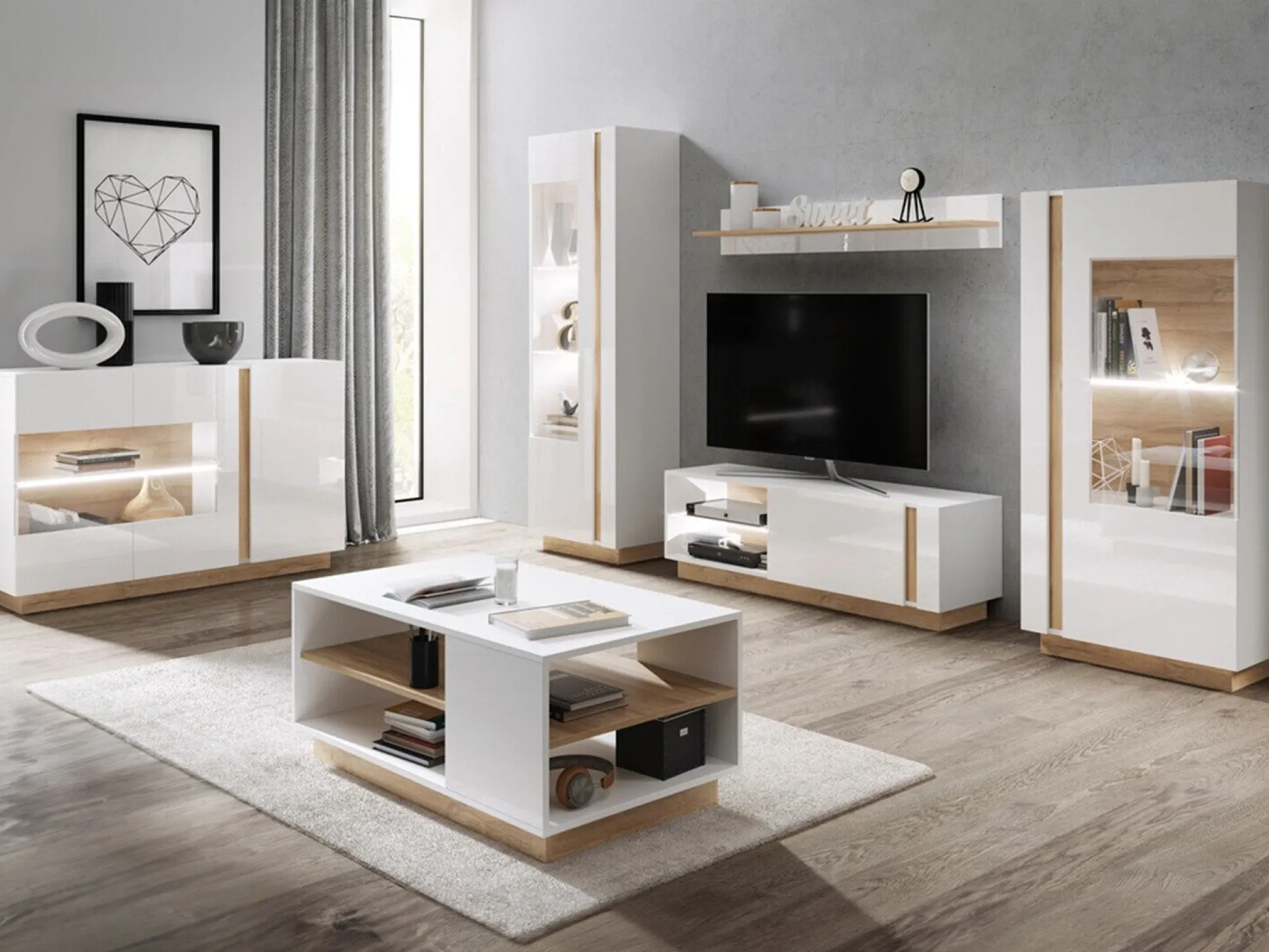 Stuemøbelsæt Novbela 113 (Hvid + Glansfuld hvid + Grandson eg)