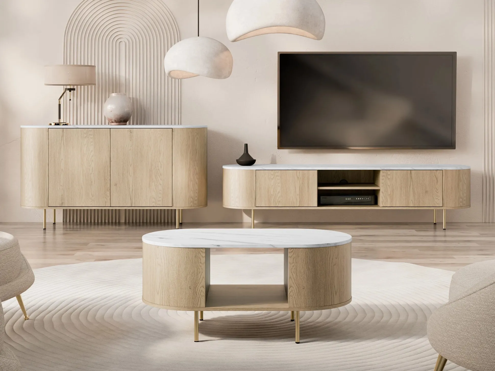 TV-bord Comfivo Livtena I (Hvid marmor + Gylden)