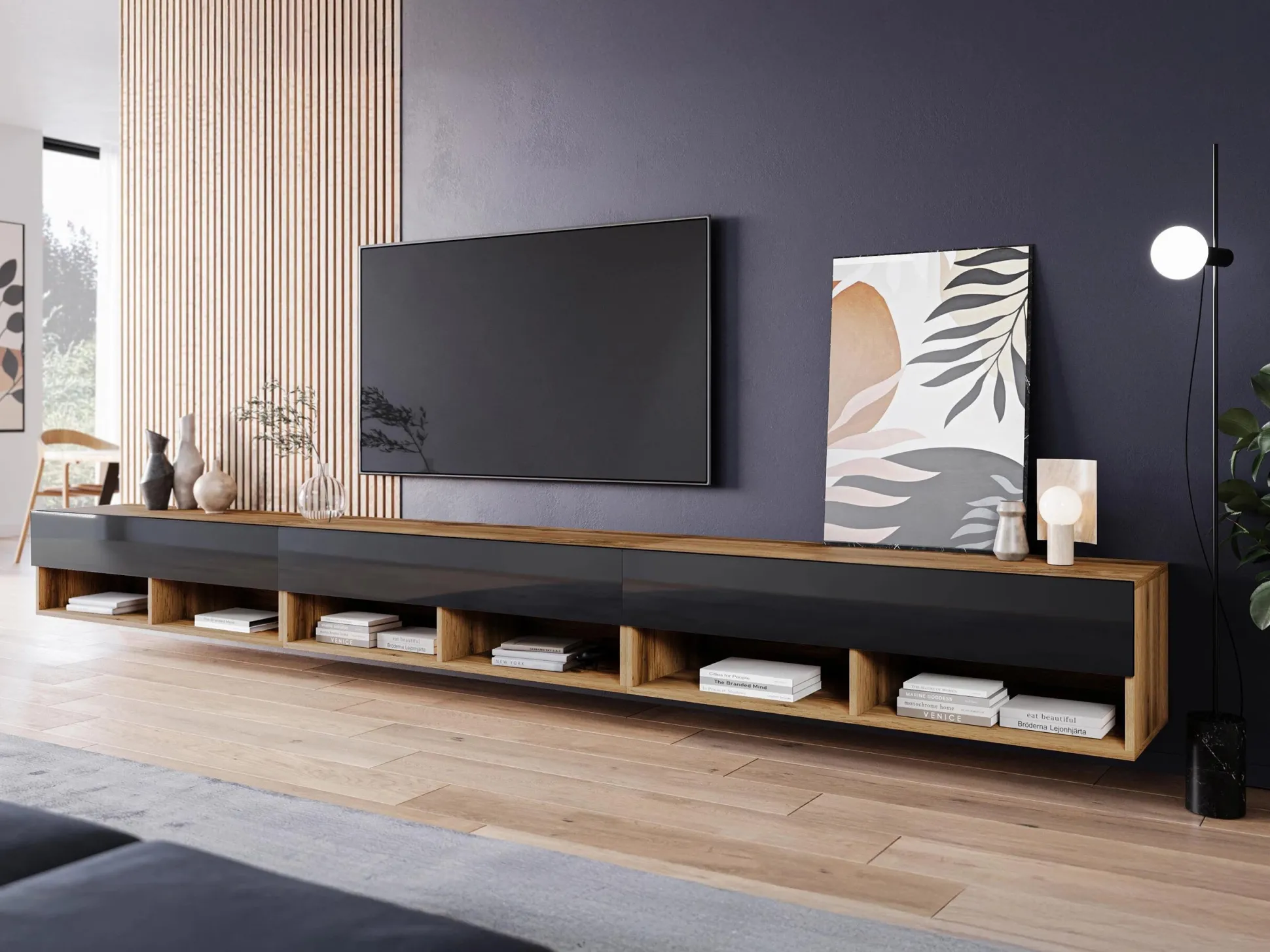 TV-bord Sarasota 144 (Wotan eg + Blank sort)