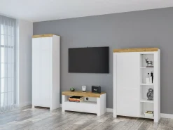 TV-bord Sonsoru 107 (Hvid + Glansfuld hvid + Wotan eg)