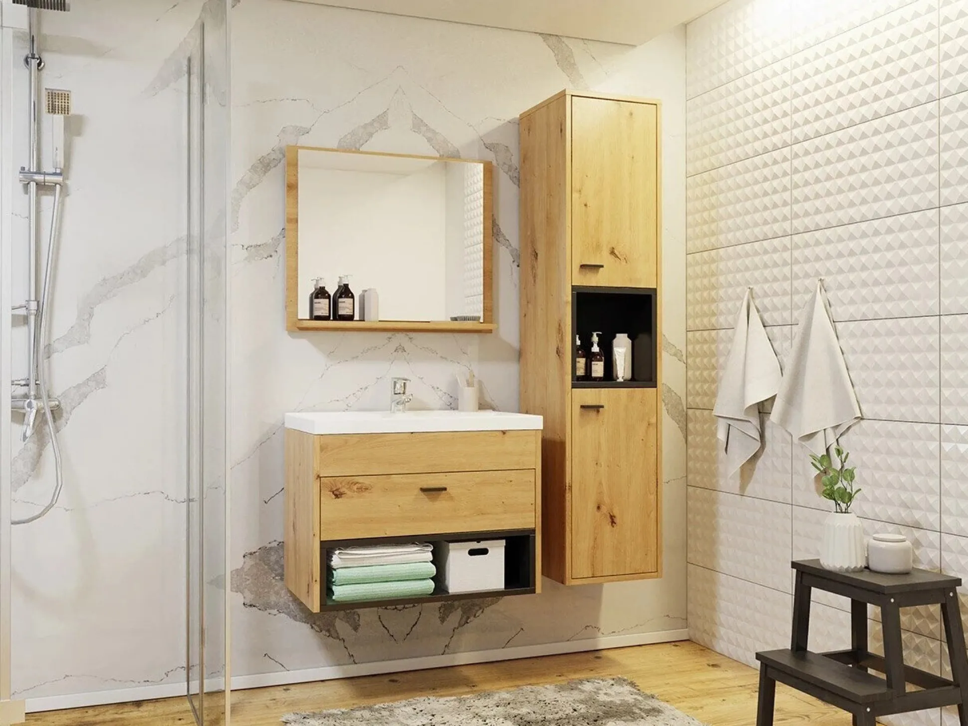 Vægbadeværelsesskab til håndvask Velum (Artisan eg + Sort)