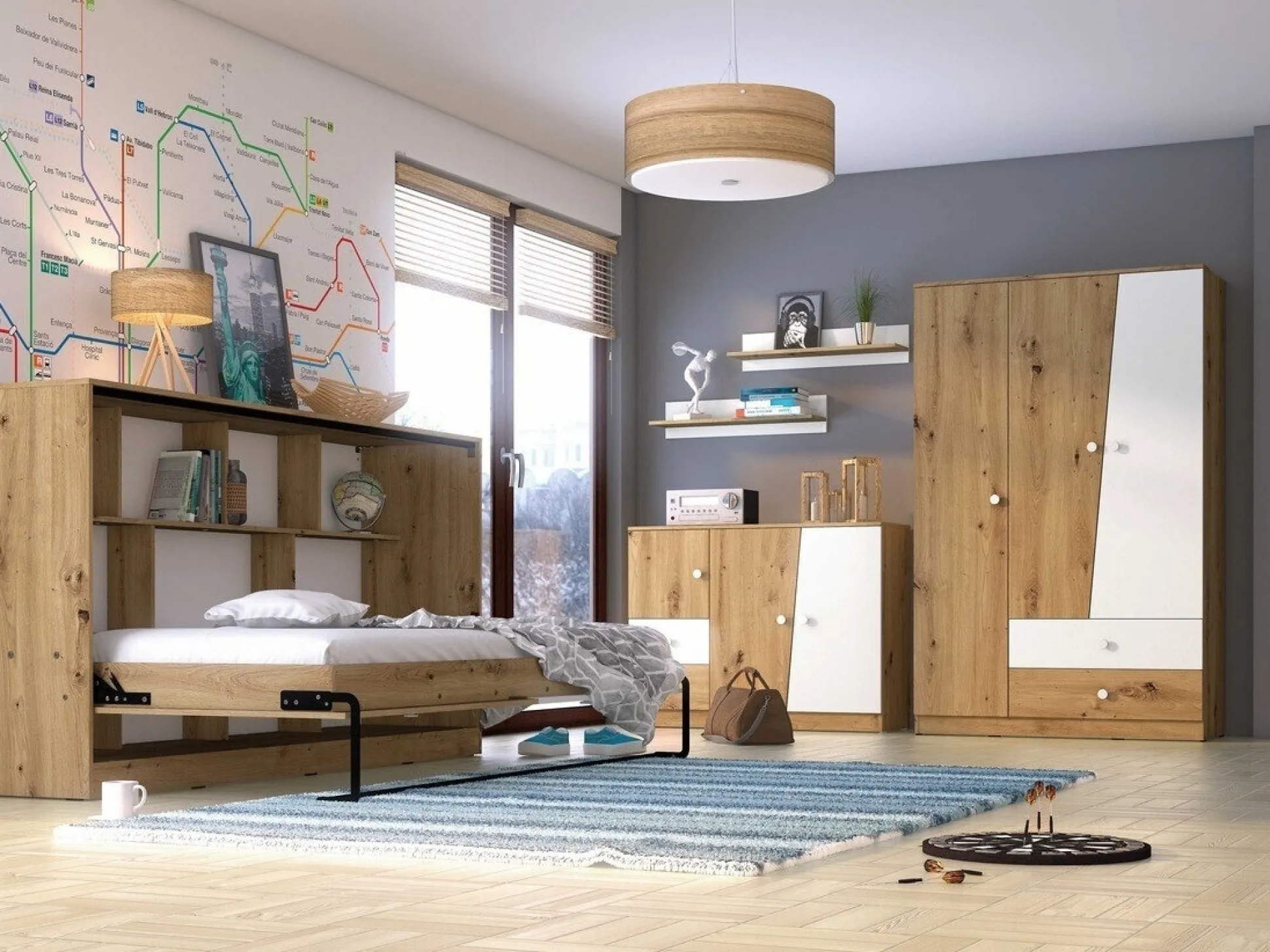 Vægseng Mirelbu 114 (Artisan eg + Hvid + Grå)